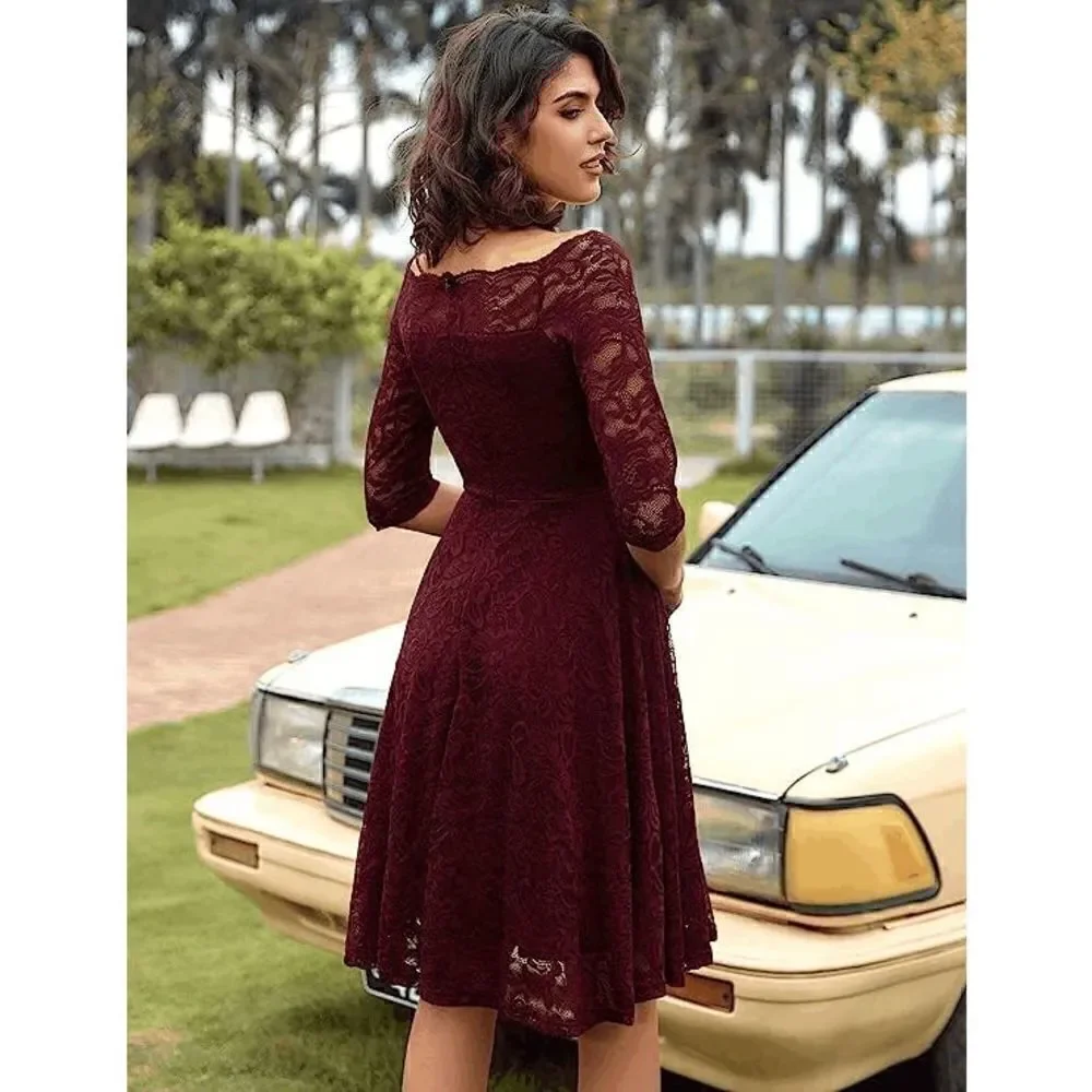 NWT Off Shoulder 3/4 Sleeve Retro Lace Cocktail Formal Bridesmaid Dress SIZE M